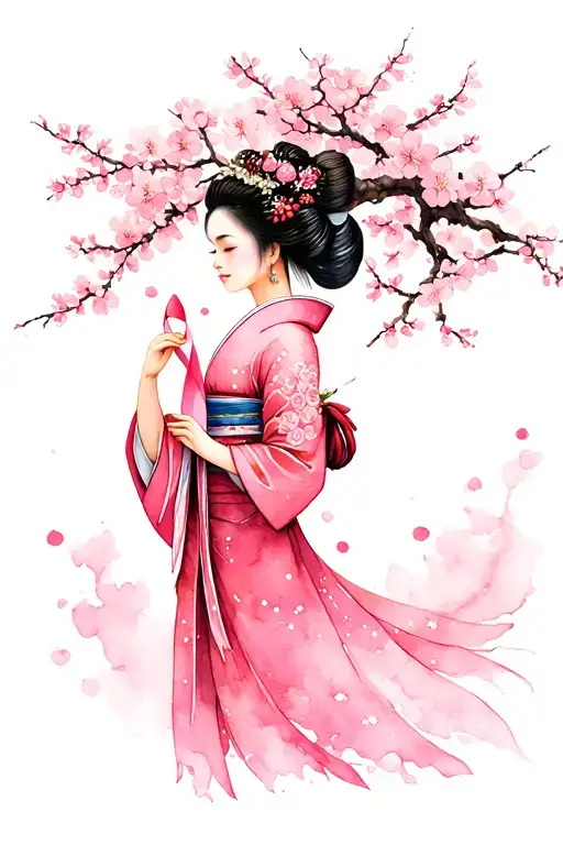 Cherry Blossom Tree With Geisha Girl Holding Breast Cancer Ribbon