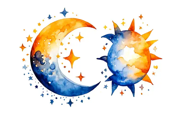 Sun And Moon Surrounded By Stars Shining