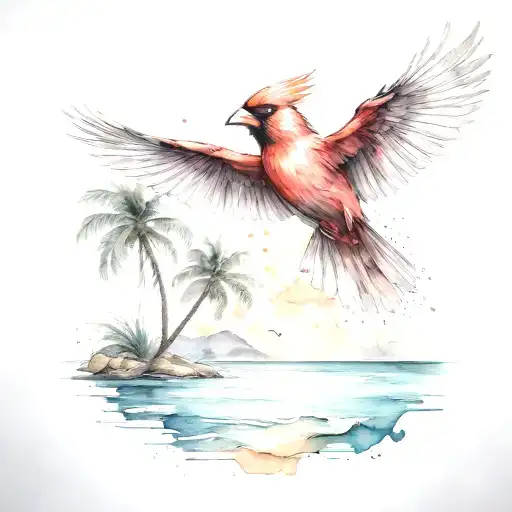 Flying Cardinal To The Ocean And Palm Tree With Clouds