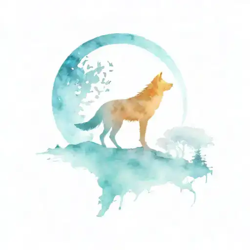Wolf Silhouette On A Mountain With A Watercolor Blue Moon