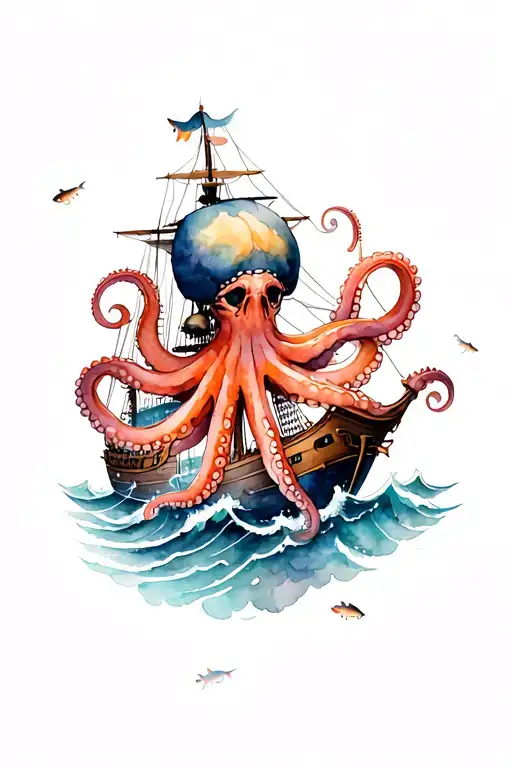 Octopus Over A Pirate Ship On Choppy Waves With Fish