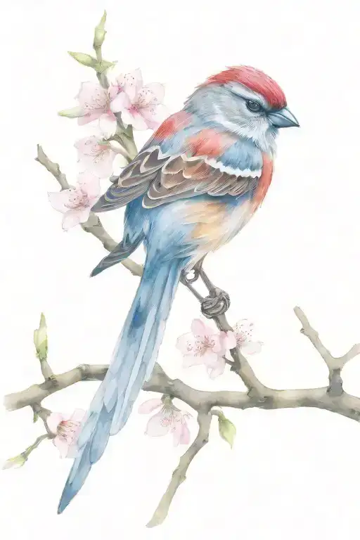 Sparrow And Red Cardal Sitting In A Japanese Cherry Blossom Tree