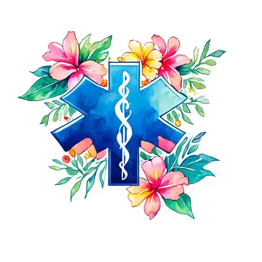 An Emt Symbol With Hawaiian Flowers On The Outside