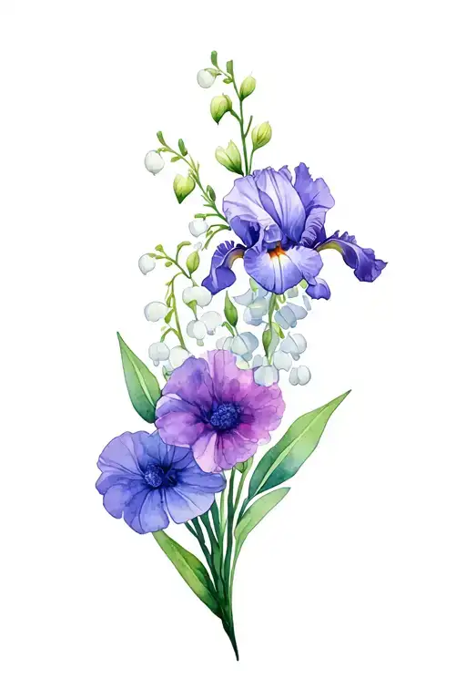 Carnation Violet Iris Honeysuckle Sweet Pea And Lily Of The Valley Bouquet