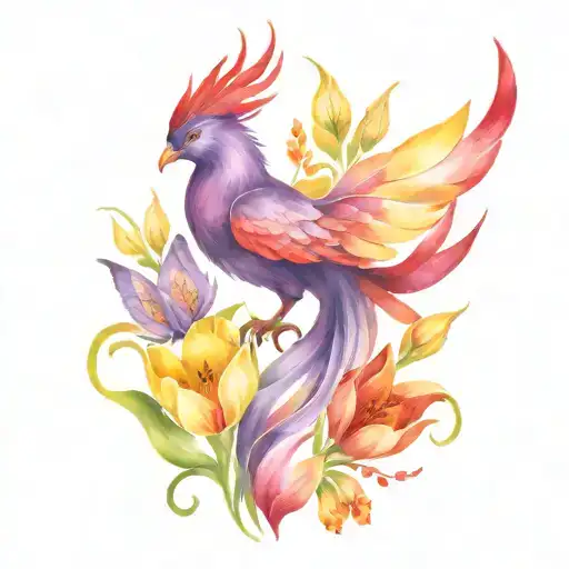Tattoo Of A Purple And Red Phoenix With Yellow Tulips And Butterflies