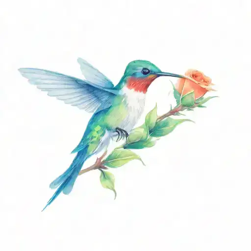 Hummingbird And Bee On Red Rose