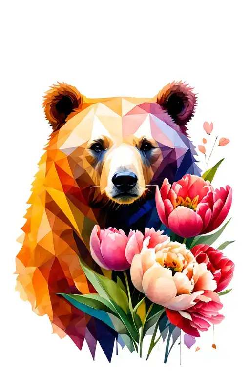 Geometric Bear Backed By Florals Peonies And Tulips