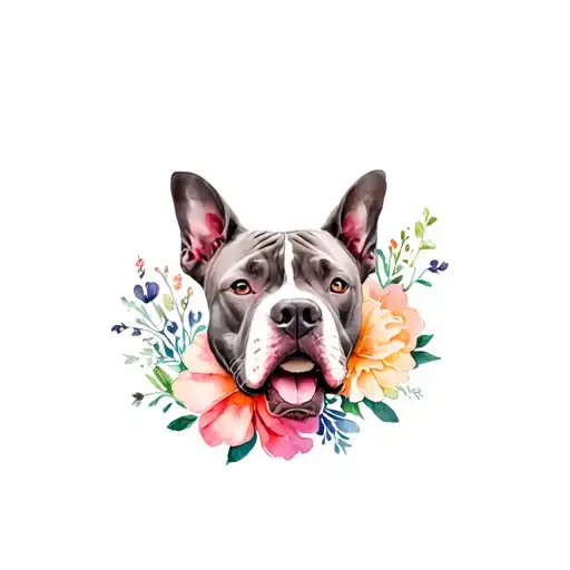 Gray Pitbull Head Flowers Surrounding
