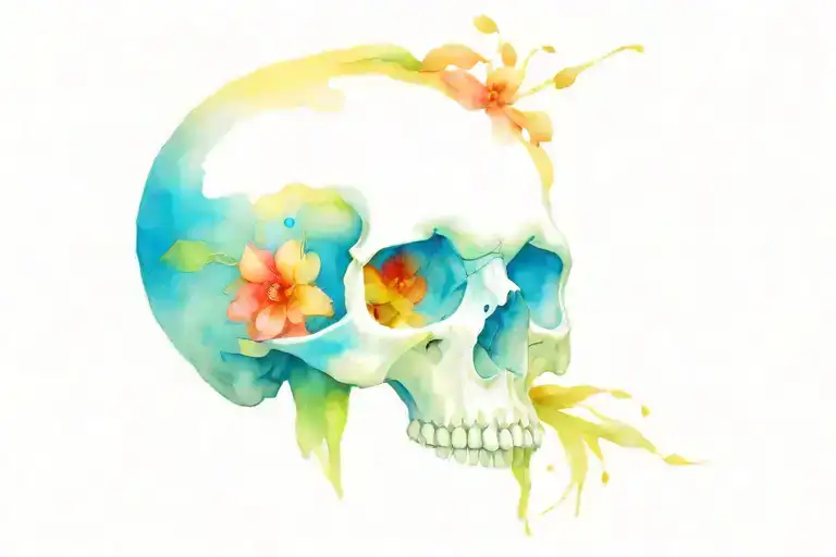 Giant Skull With Color Falling Into Flowers Growing
