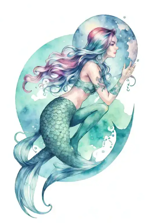 Mermaid Swimming Towards The Full Moon