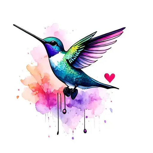 Fine Line Tattoo Of A Humming Bird With A Heart On The Edge Of The Beak Tattoo