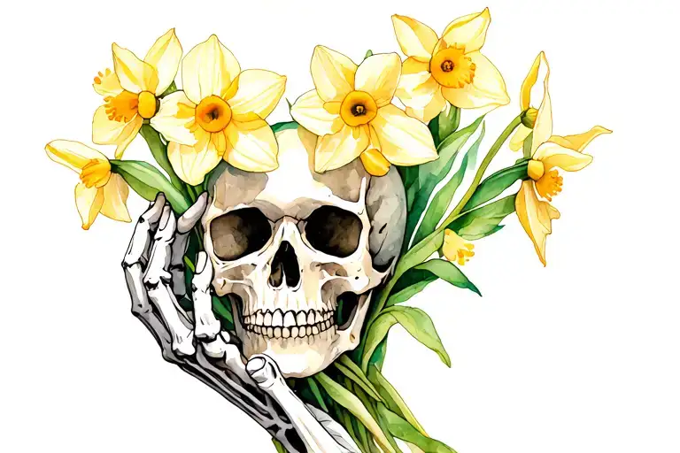 Skull Being Held By Skeleton Hand And Daffodils Coming Out Of The Skull