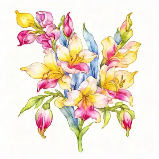 Freesia Flowers Yellow Pink And Blue With Floating Feathers No Black Out Line Just Colour