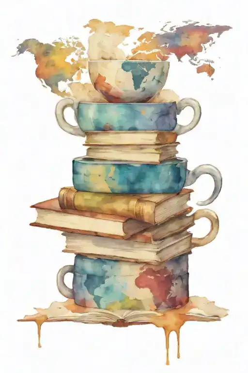 A Coffee Cup Morphing Into A Stack Of Books With A World Map In The Background