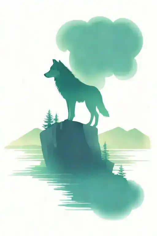 Lake Scene With Northern Lights And Wolf On A Rock
