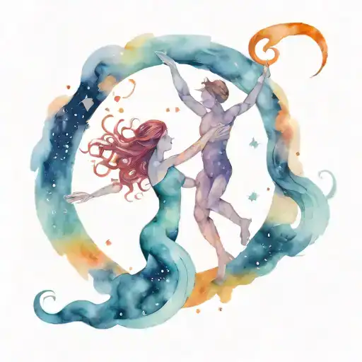 Two Figures Dancing Around A Fire Under The Starry Sky