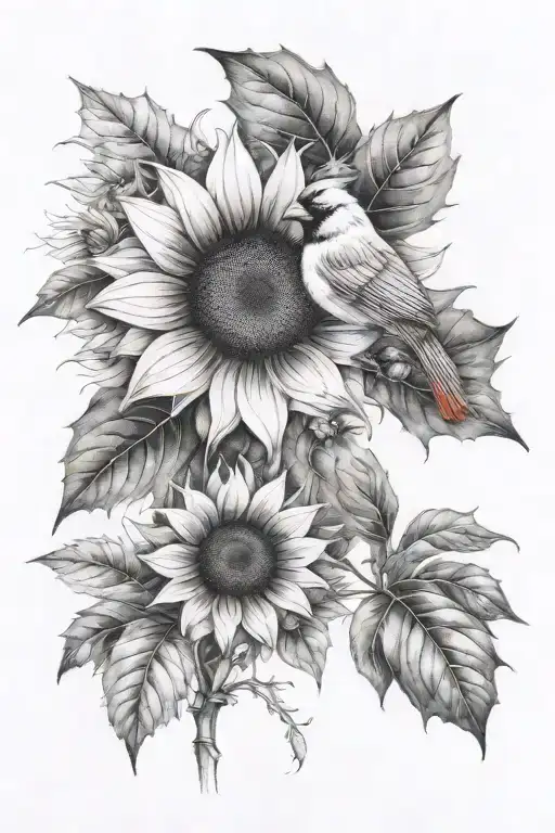 Sunflower With Holly Leaves And A Cardinal