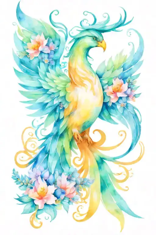 Feminine Rising Phoenix With Larkspur Flowers Blooming