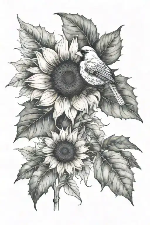 Sunflower With Holly Leaves And A Cardinal