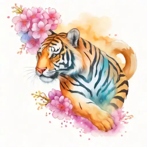 A Cosmic Tiger Emerging From A Galaxy Filled With Sakura Blossoms