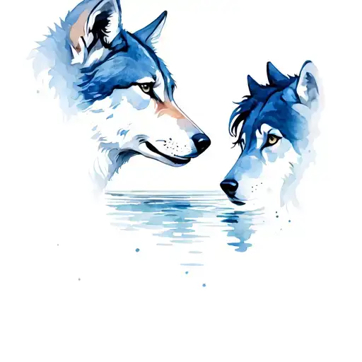 Girl Wolf Looking Into Water Of Male Wolf Head