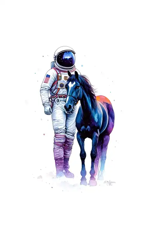 Astronaut Pondering Upon A Black Morgan Horse In A Cosmic Field
