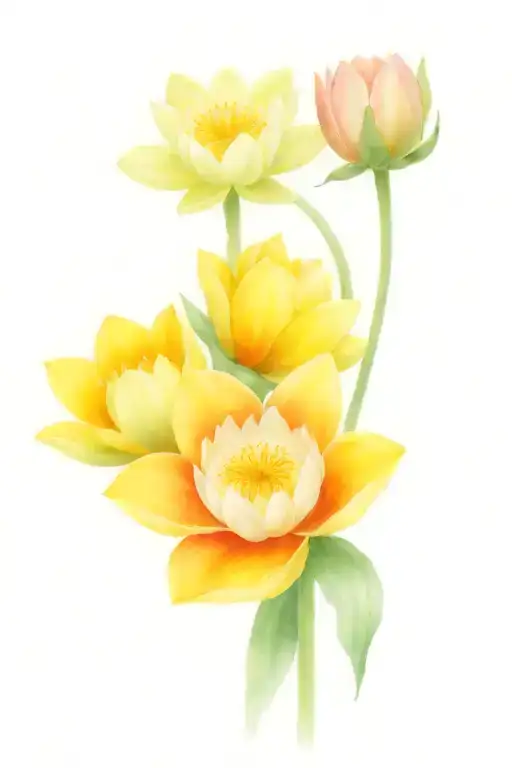 Two Water Lilies And One Daffodil Bouquet Wrapped