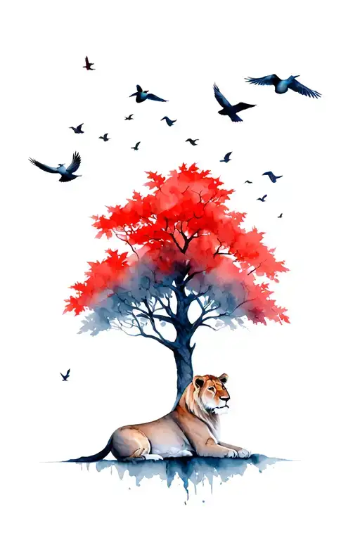 Tree With Red Leaves Birds Flying Away With A Lioness Laying At The Bottom Of The Tree