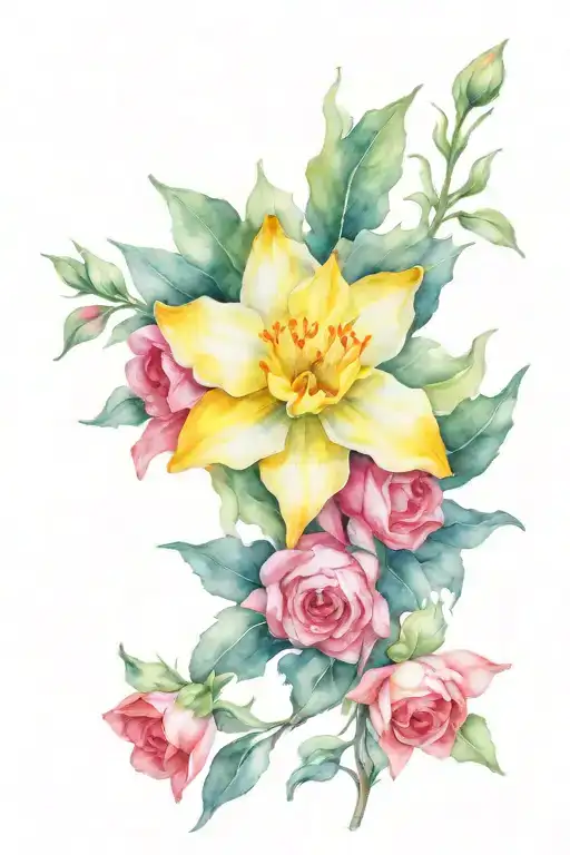 Daffodil And Holly And Rose Intertwined