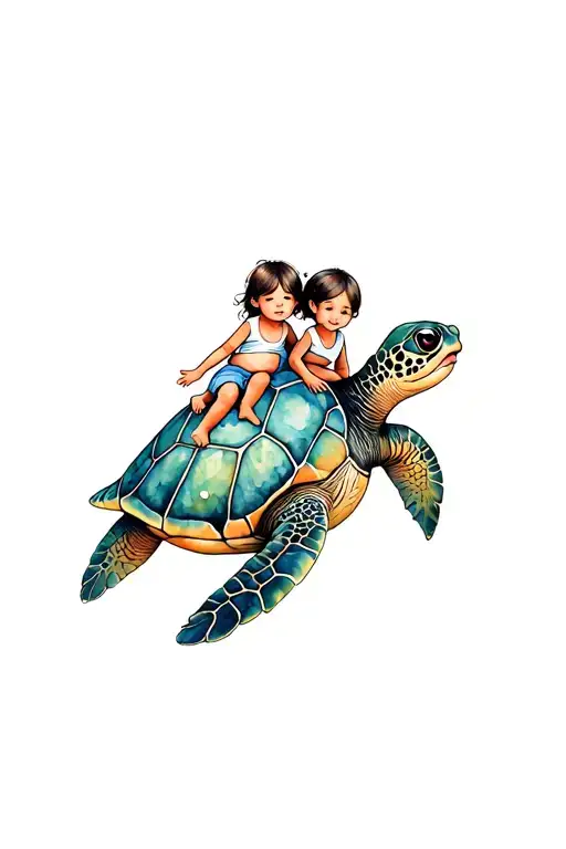 Sea Turtle With Two Children On Its Back