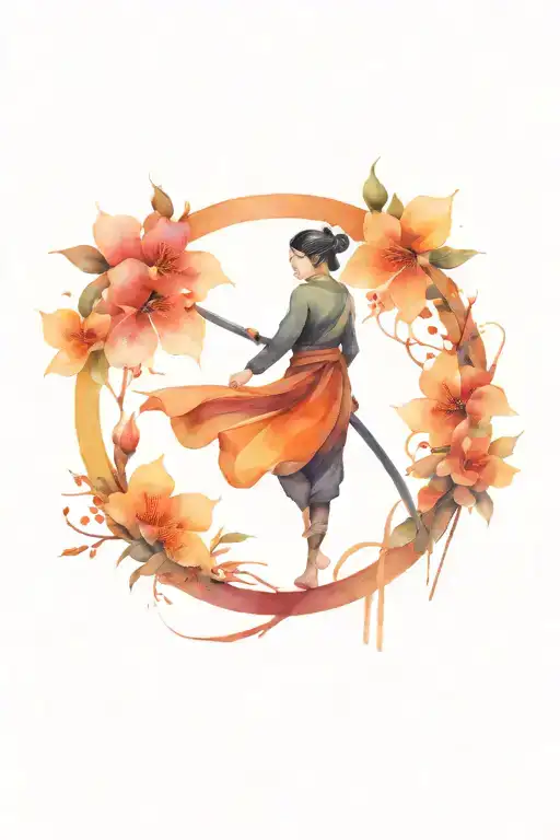 Female Ninja And Sunset And Flowers Intertwined