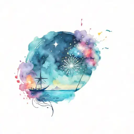 A Night Sky With Colourful Fireworks Going Off Above The Sea