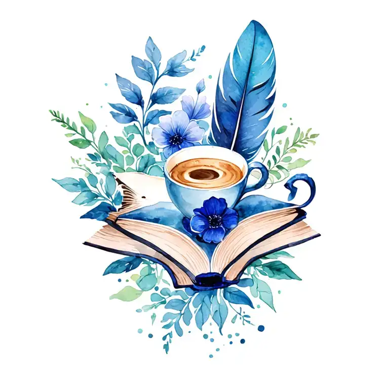 Floral Books With Coffee And Feather Intertwined Bright Color