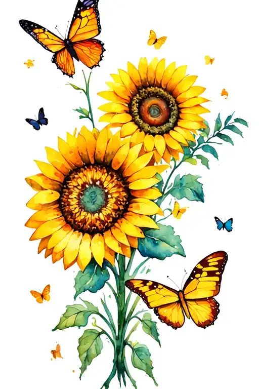 Sagittarius Arrow Surrounded Small Sunflowers And Small Butterflies