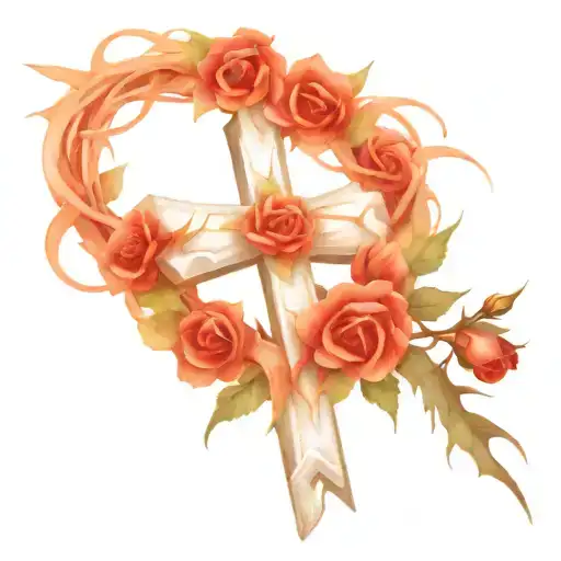 A Sketch-style Design Of A Cross Made Of Thorns With Roses Blooming Around It