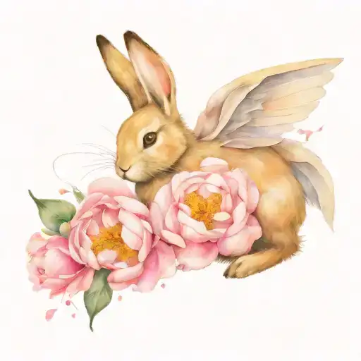 Rabbit With Angel Wings And Peony Flower
