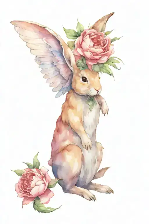 Rabbit With Angel Ring And Wings And Peony Flower