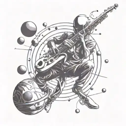A Futuristic Alien Saxophonist Floating In Zero Gravity With Planets As Musical Notes