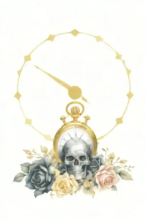 Black Clock With Skull Pattern Bursting Open With Gold Roses
