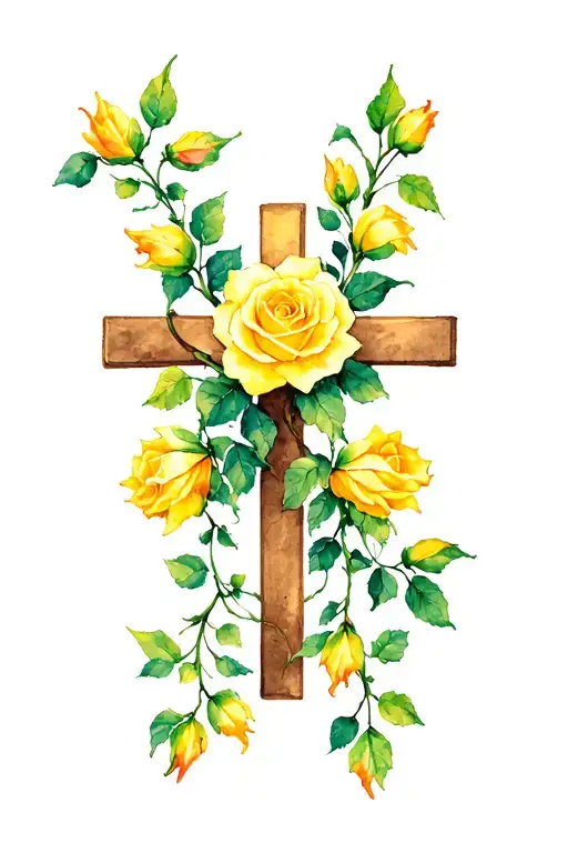 Cross With Yellow Rose Buds And Vine Wrapping