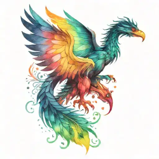 1 Cute Black Scale Dragon And 1 Rainbow Feather Phoenix Next To Each Other Tattoo Style