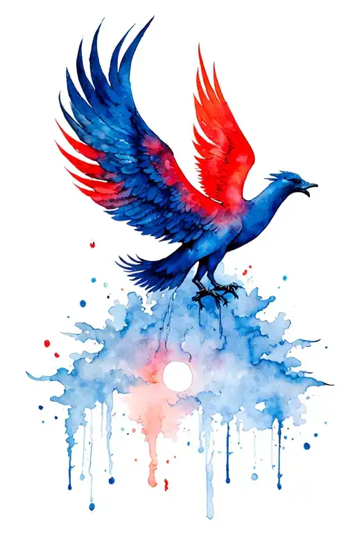 Red And Blue Coloured Flying Phoenix Reaching The Sun