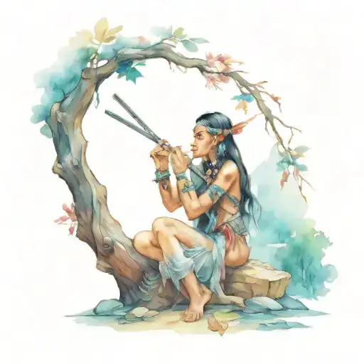 Colored Native American Woman Who Plays The Flute Over A Trunk Near The River