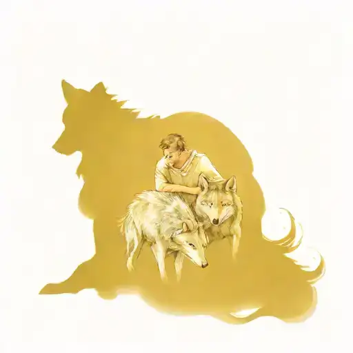 Man Protecting Two Kids From A Large Wolf