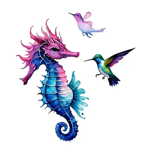 Pregnant Seahorse And Small Hummingbird And A Dragon