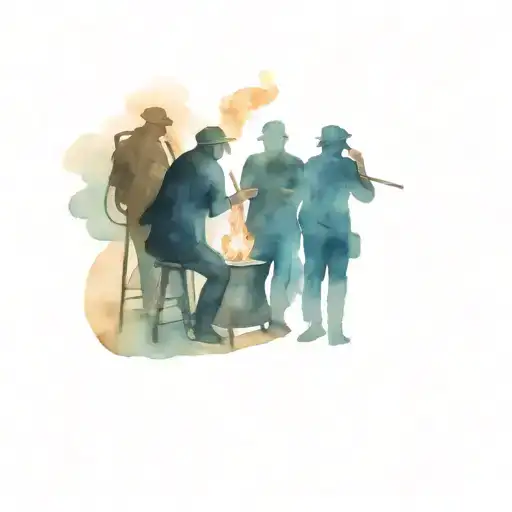 Four Dark Figures Smoking And Drinking Around A Campfire Smoke