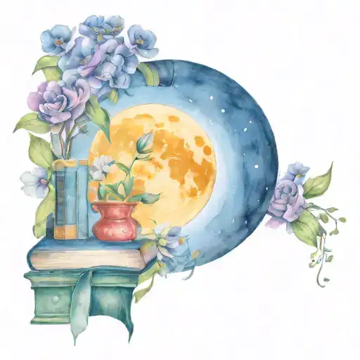 Moon And Books Surrounded By Florals