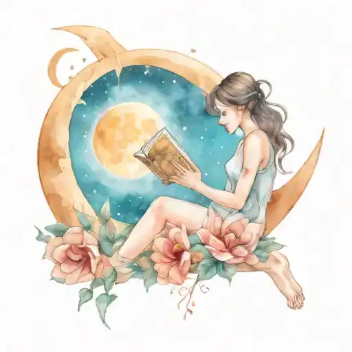 Girl Sitting On The Moon Reading A Book Surrounded By Flowers