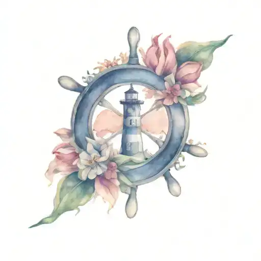 Ships Wheel With Birth Flowers And Light House