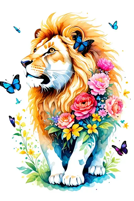 Lion With Flowers And Butterflies Flying